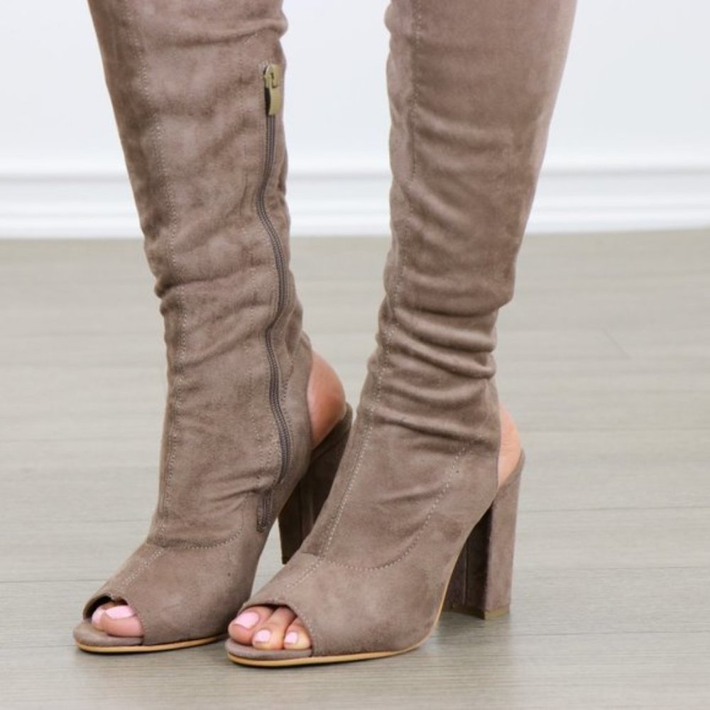 Suede Thigh High Peep Toe & Heel Chunky Heel Boot - Picture 8 of 8